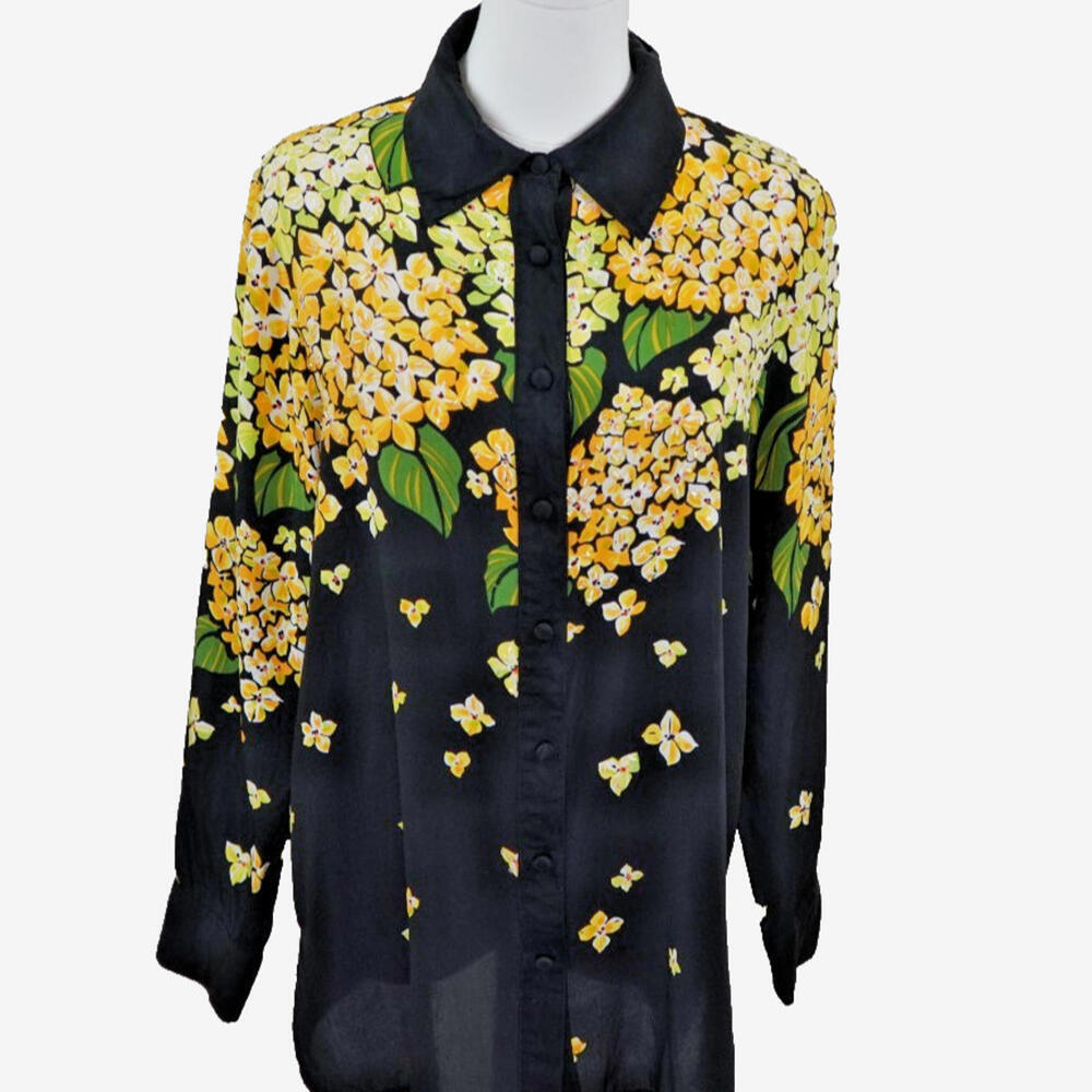 Bob Mackie Silk Floral Sequin Blouse Black Yellow Long Sleeve Wearable Art‎ S
